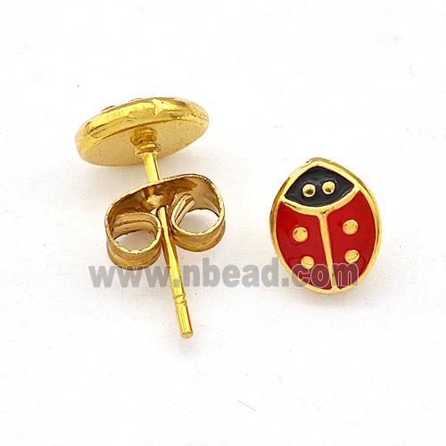 Stainless Steel Beetle Stud Earring Red Enamel Gold Plated