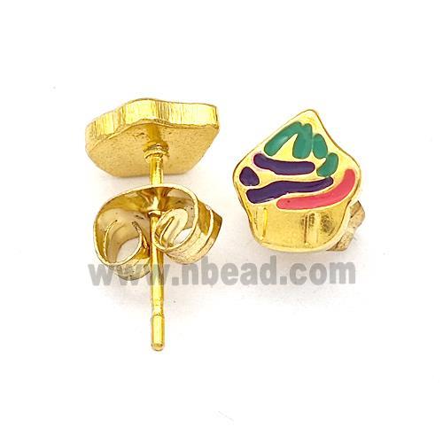 Stainless Steel Stud Earrings Ice Cream Multicolor Enamel Gold Plated