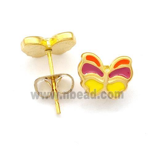 Stainless Steel Butterfly Stud Earring Multicolor Enamel Gold Plated