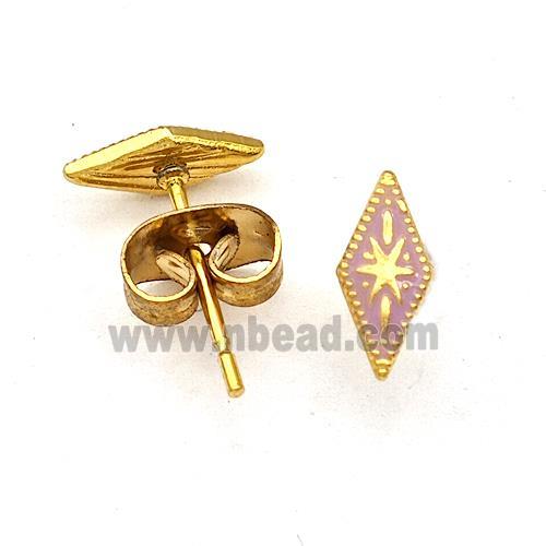 Stainless Steel Compass Stud Earring Lavender Enamel Gold Plated