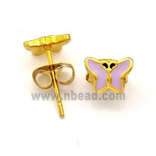 Stainless Steel Butterfly Stud Earring Lavender Enamel Gold Plated