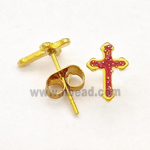 Stainless Steel Cross Stud Earring Pave Fire Opal Gold Plated