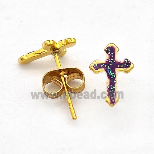 Stainless Steel Cross Stud Earring Pave Fire Opal Gold Plated