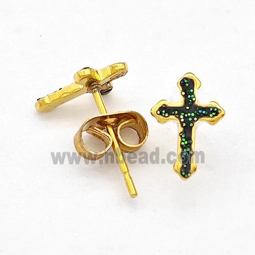 Stainless Steel Cross Stud Earring Pave Fire Opal Gold Plated