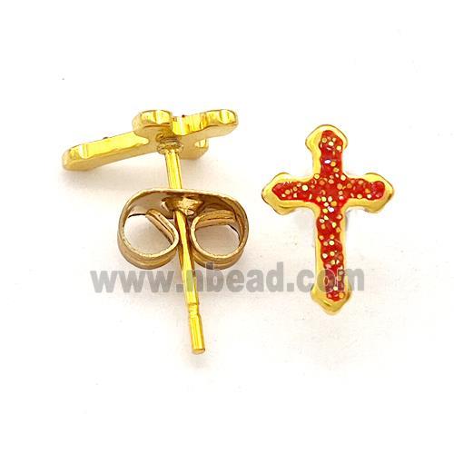 Stainless Steel Cross Stud Earring Pave Fire Opal Gold Plated