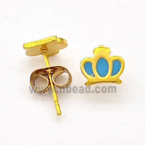 Stainless Steel Crown Stud Earring Teal Enamel Gold Plated