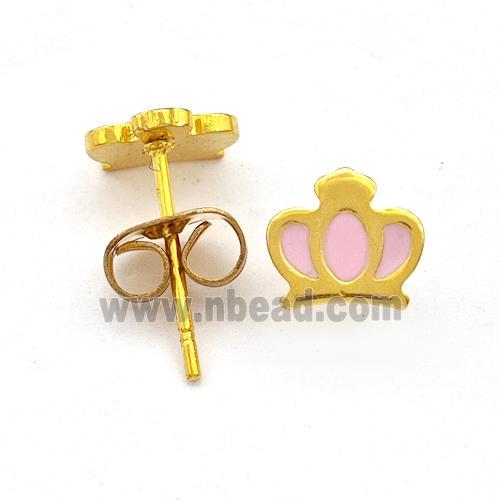 Stainless Steel Crown Stud Earring Pink Enamel Gold Plated