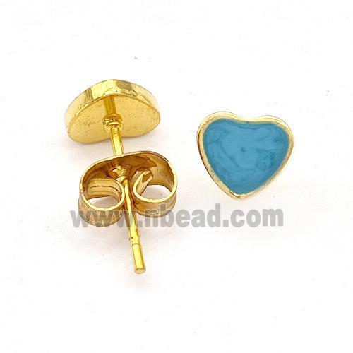 Stainless Steel Heart Stud Earring Teal Enamel Gold Plated