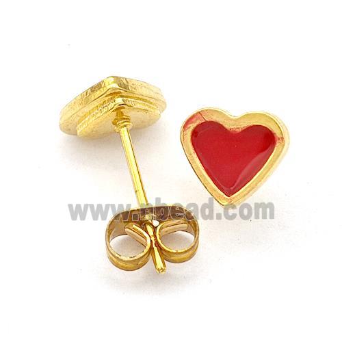 Stainless Steel Heart Stud Earring Red Enamel Gold Plated