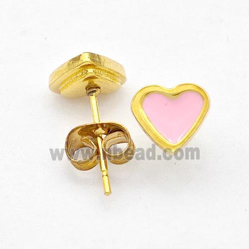 Stainless Steel Heart Stud Earring Pink Enamel Gold Plated