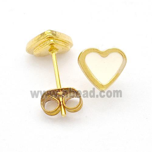 Stainless Steel Heart Stud Earring White Enamel Gold Plated