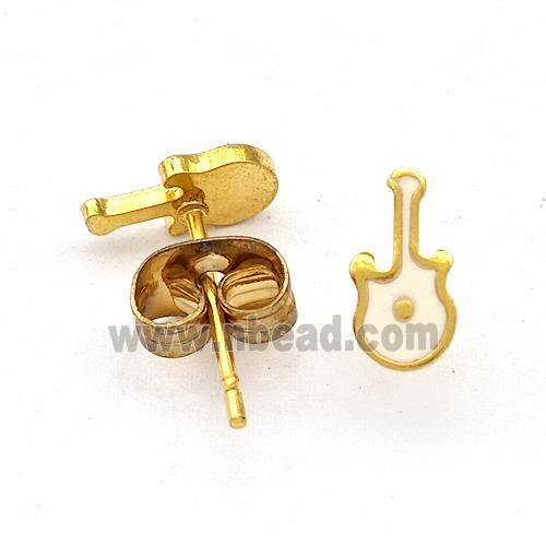 Stainless Steel Guitar Stud Earring White Enamel Gold Plated