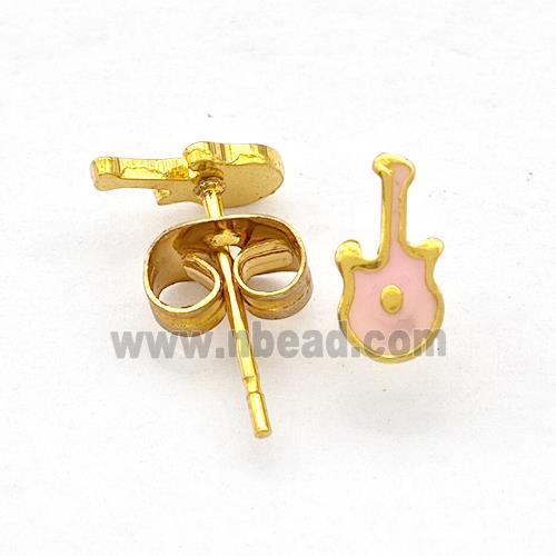 Stainless Steel Guitar Stud Earring Pink Enamel Gold Plated