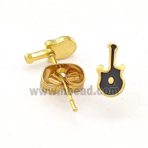 Stainless Steel Guitar Stud Earring Black Enamel Gold Plated