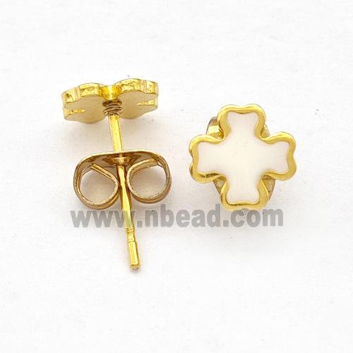 Stainless Steel Cross Stud Earring White Enamel Gold Plated