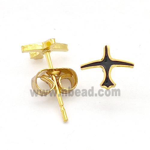 Stainless Steel Airplane Stud Earring Black Enamel Gold Plated