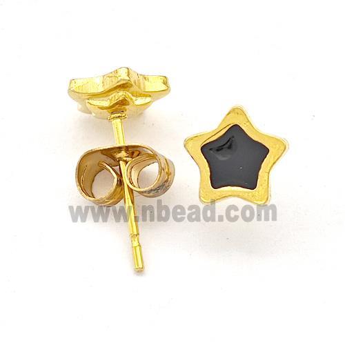 Stainless Steel Star Stud Earring Black Enamel Gold Plated