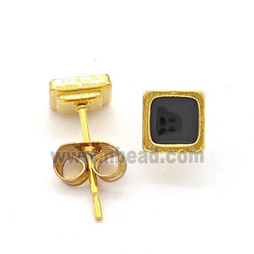 Stainless Steel Square Stud Earring Black Enamel Gold Plated