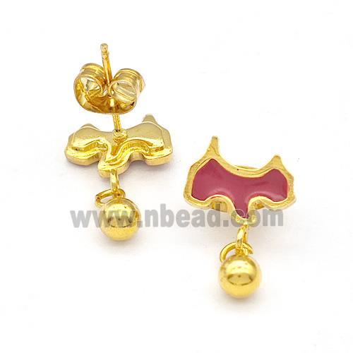 Stainless Steel Dog Stud Earring Red Enamel Gold Plated