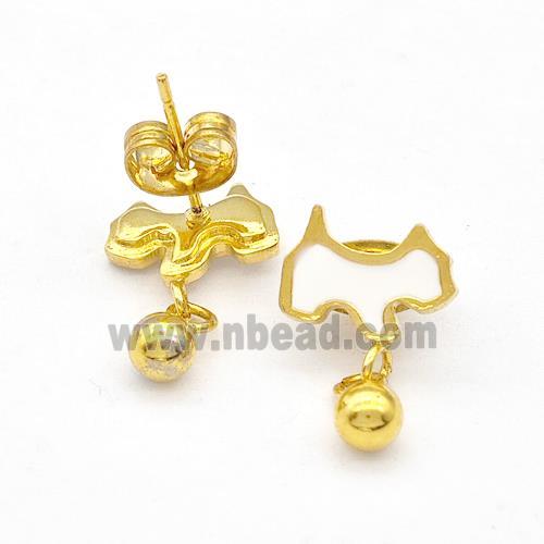 Stainless Steel Dog Stud Earring White Enamel Gold Plated