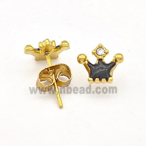 Stainless Steel Crown Stud Earring Black Enamel Gold Plated