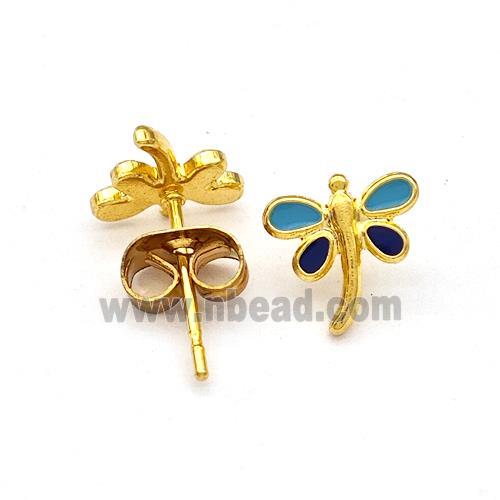 Stainless Steel Dragonfly Stud Earring Enamel Gold Plated