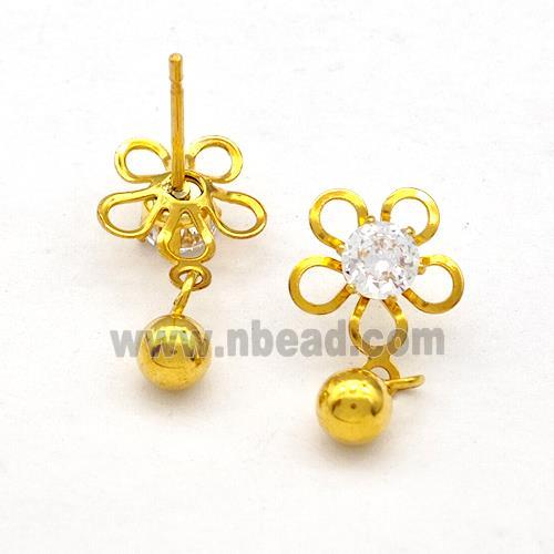 Stainless Steel Flower Stud Earring Rhinestone Gold Plated