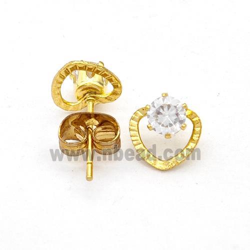 Stainless Steel Heart Stud Earring Pave Rhinestone Gold Plated