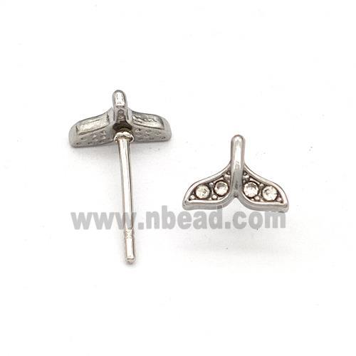 Raw Stainless Steel Stud Earring Pave Rhinestone Shark-tail