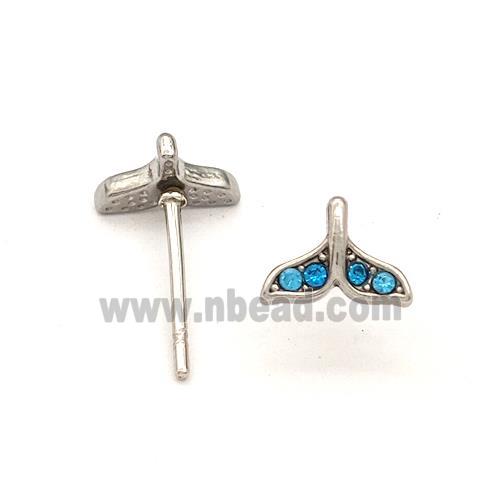 Raw Stainless Steel Stud Earring Pave Blue Rhinestone Shark-tail