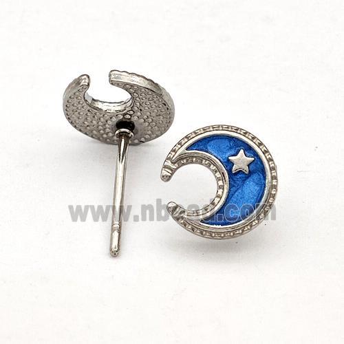 Raw Stainless Steel Moon Star Stud Earring Blue Enamel