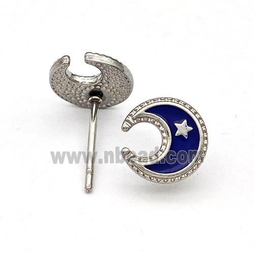 Raw Stainless Steel Moon Star Stud Earring Darkblue Enamel