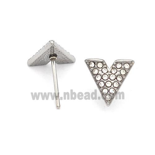 Raw Stainless Steel Stud Earring Pave Rhinestone V-Shape