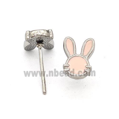 Raw Stainless Steel Rabbit Stud Earring Pink Enamel