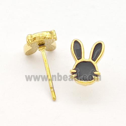 Stainless Steel Rabbit Stud Earring Black Enamel Gold Plated