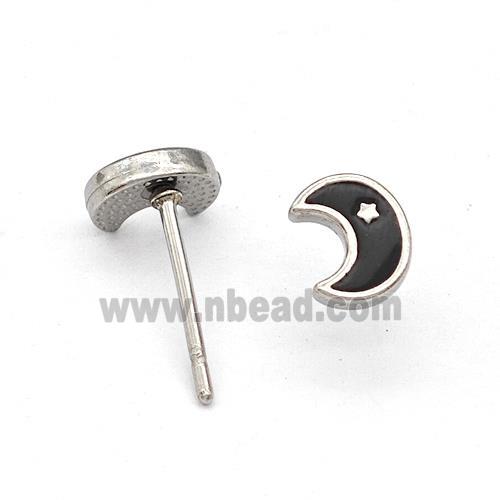 Raw Stainless Steel Moon Stud Earring Black Enamel