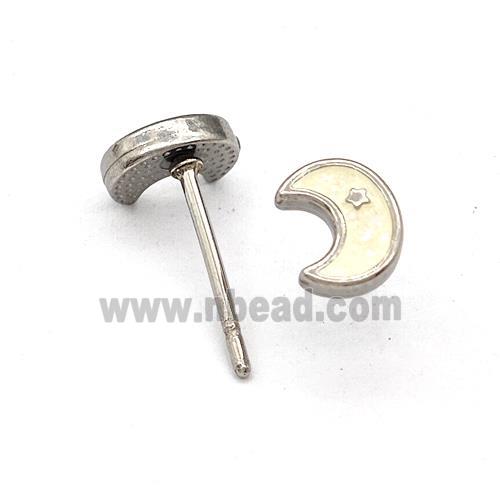 Raw Stainless Steel Moon Stud Earring White Enamel