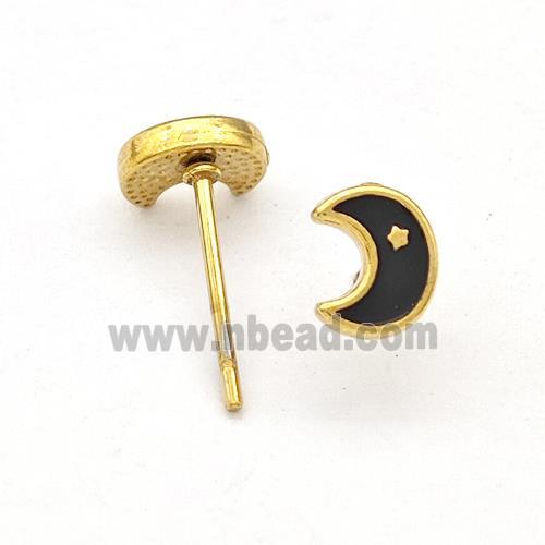 Stainless Steel Moon Stud Earring Black Enamel Gold Plated