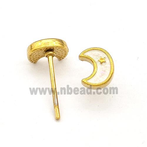 Stainless Steel Moon Stud Earring White Enamel Gold Plated