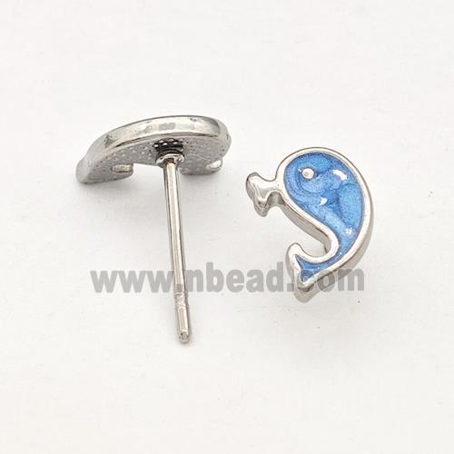 Raw Stainless Steel Dolphin Stud Earring Blue Enamel