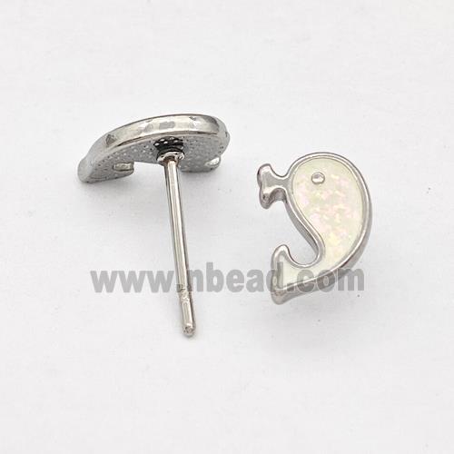 Raw Stainless Steel Dolphin Stud Earring White Enamel