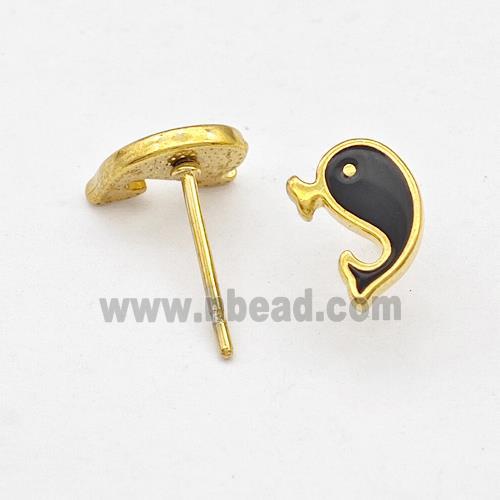 Stainless Steel Dolphin Stud Earring Black Enamel Gold Plated