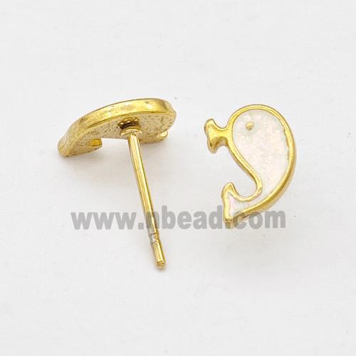 Stainless Steel Dolphin Stud Earring White Enamel Gold Plated