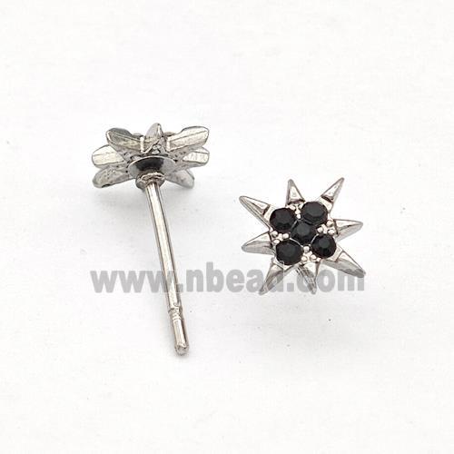 Raw Stainless Steel NorthStar Stud Earring Pave Black Rhinestone