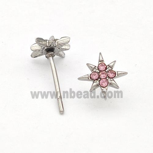 Raw Stainless Steel NorthStar Stud Earring Pave Pink Rhinestone