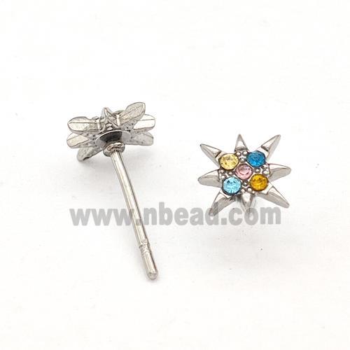 Raw Stainless Steel NorthStar Stud Earring Pave Multicolor Rhinestone