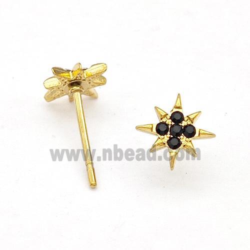 Stainless Steel NorthStar Stud Earring Pave Black Rhinestone Gold Plated