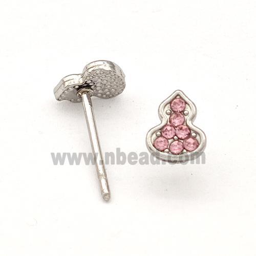 Raw Stainless Steel Gourd Stud Earring Pave Pink Rhinestone