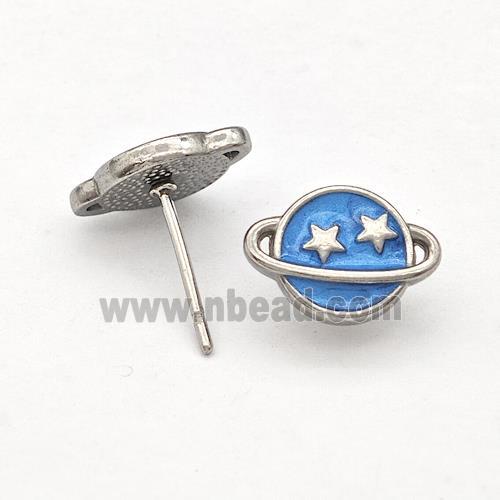 Raw Stainless Steel Planet Stud Earring Blue Enamel