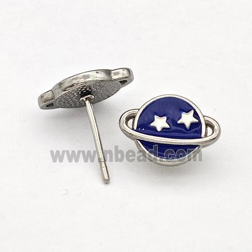 Raw Stainless Steel Planet Stud Earring DarkBlue Enamel